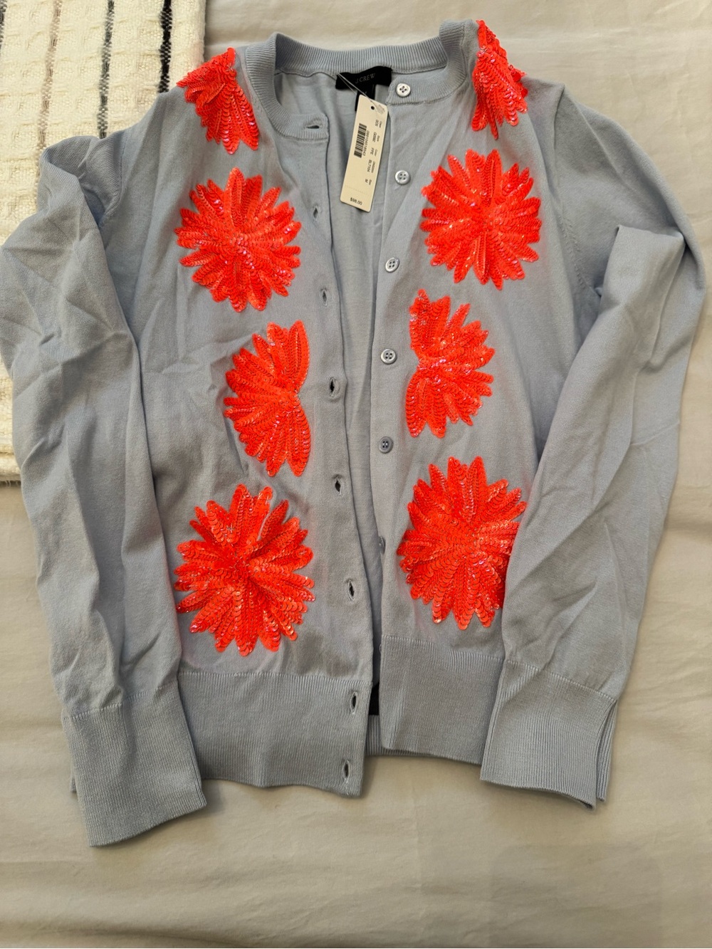 J. Crew Light Blue Cardigan with Bright Red Sequin Florals